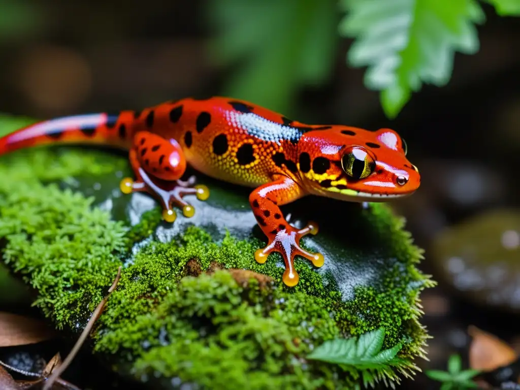 Fotografía de alta resolución de una colorida salamandra roja con ojos dorados, posada en una roca cubierta de musgo en un bosque exuberante