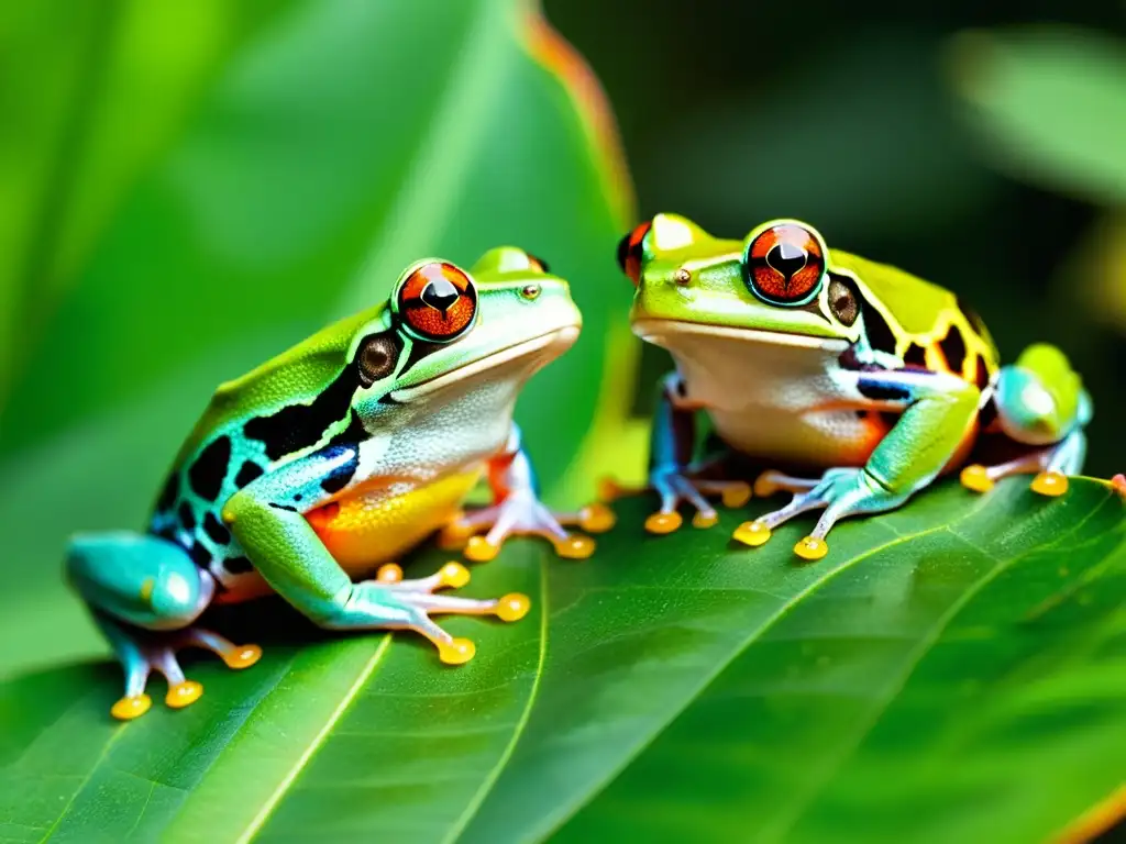 Dos coloridas ranas arbóreas comunicándose en una hoja, mostrando la comunicación reproductiva anfibios en su hábitat natural