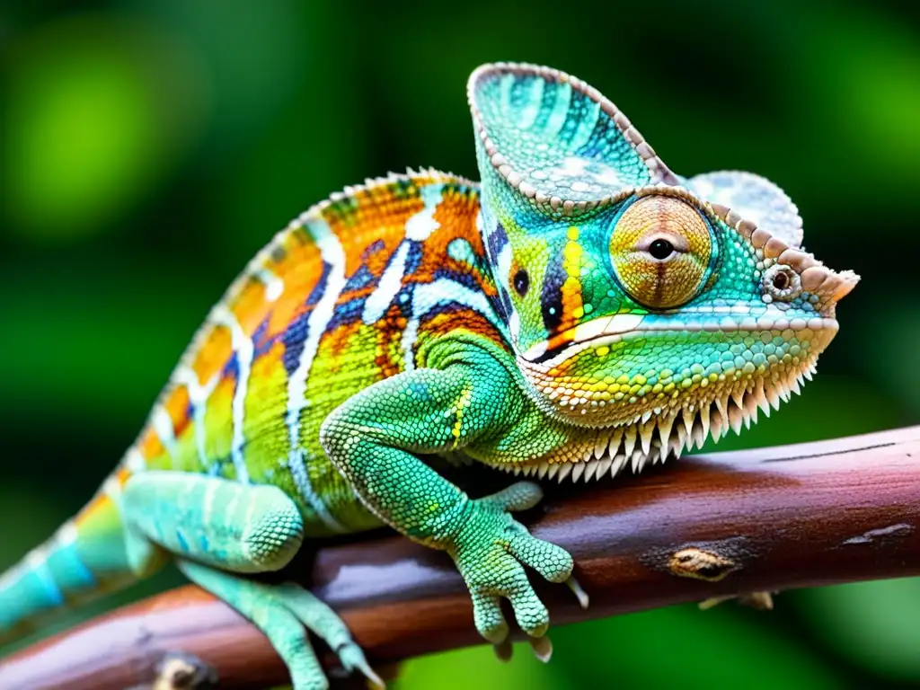 Un camaleón colorido y detallado en su hábitat natural, resaltando la nutrición saludable para reptiles con IA