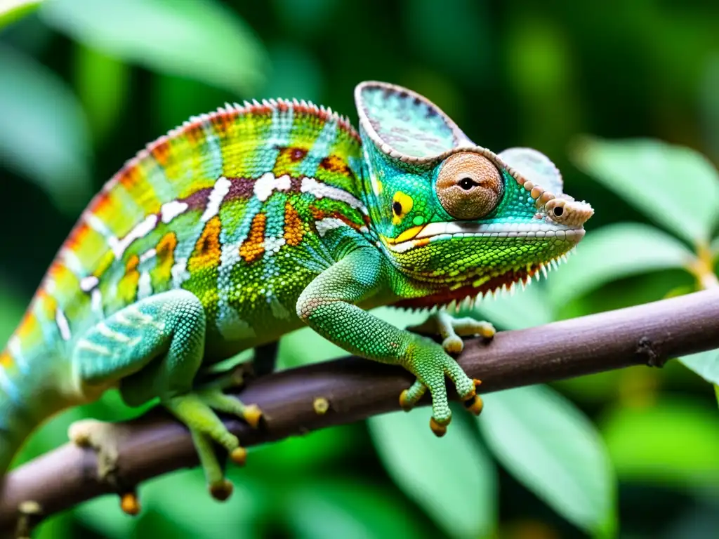 Un camaleón colorido en un exuberante jardín urbano, muestra su piel detallada