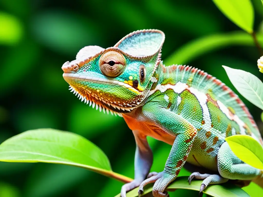 Un camaleón colorido se funde en su hábitat, interactuando con una flor