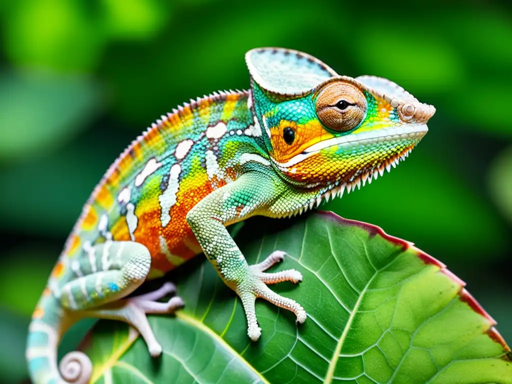 Un camaleón colorido se mimetiza en una hoja en la densa selva, mostrando su camuflaje natural y las amenazas a la supervivencia de reptiles