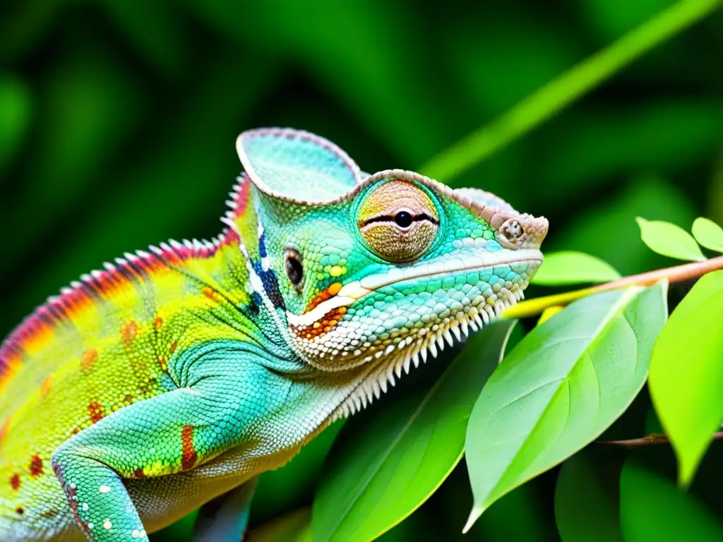 Un camaleón colorido se camufla en hojas verdes vibrantes de la selva tropical