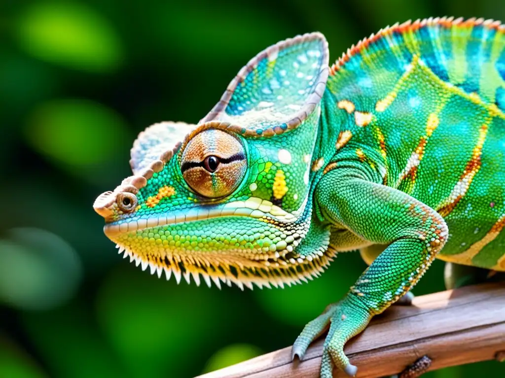 Un camaleón colorido capturando un insecto, con escamas detalladas