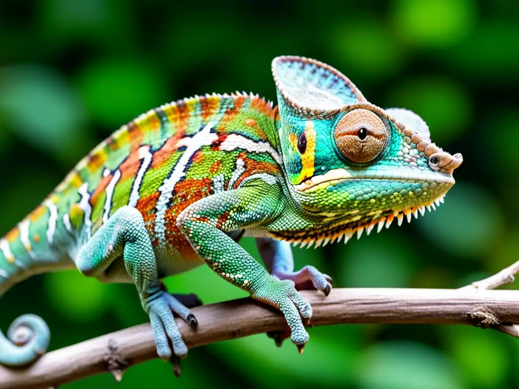 Un camaleón colorido capturando un insecto en pleno vuelo en un entorno natural, con interacciones entre reptiles y otros animales