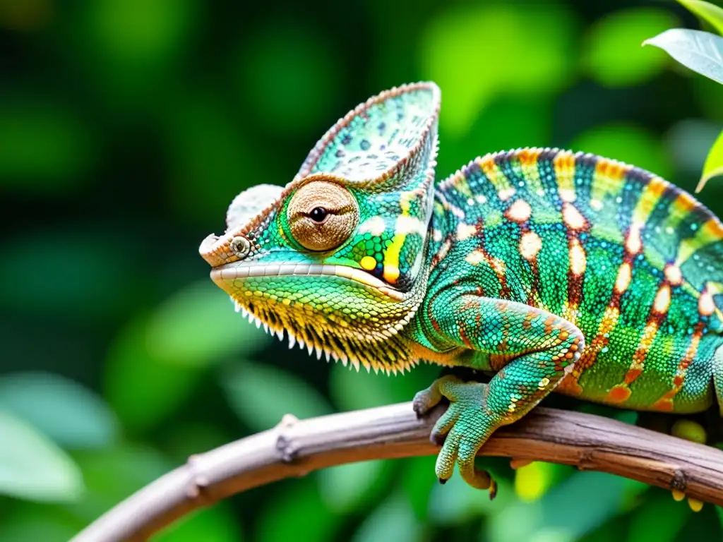 Un camaleón colorido se camufla en una rama entre hojas verdes, mostrando su piel detallada y ojos alerta