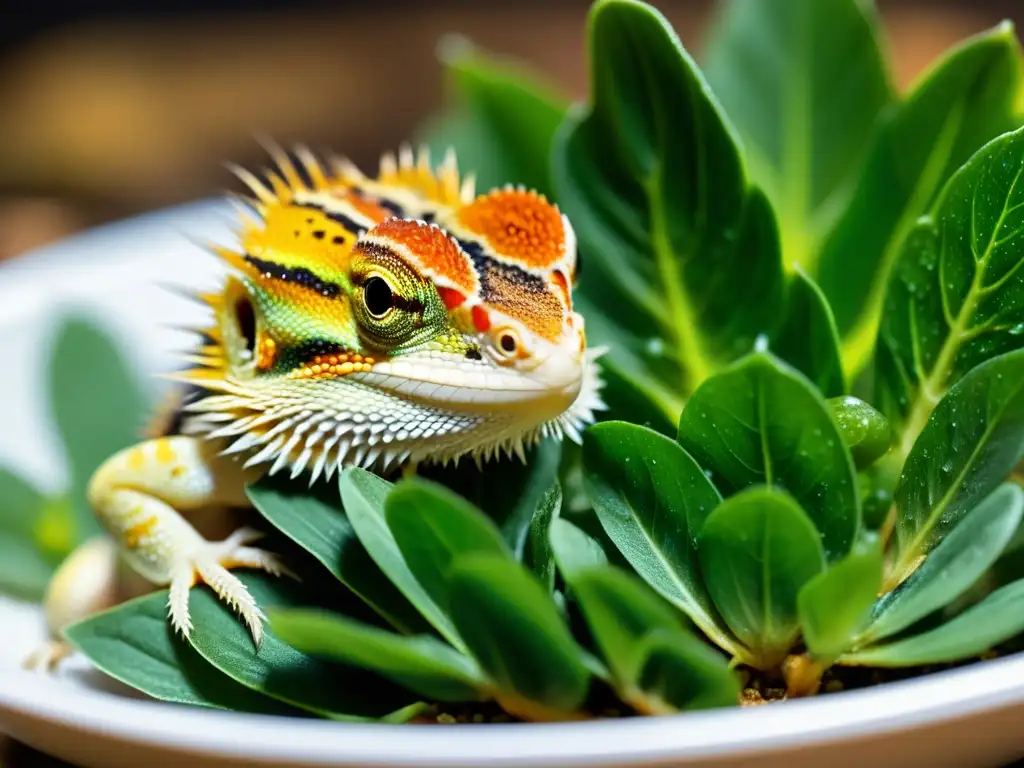 Un bebé dragón barbudo disfruta de una comida de hojas verdes y insectos vivos, mostrando su crecimiento y necesidades de nutrición para reptiles