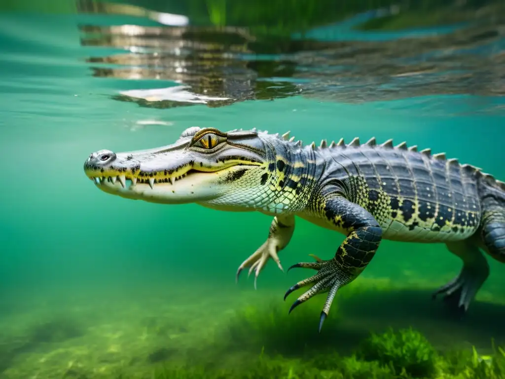 Comportamiento depredador reptiles acuáticos: Grupo de reptiles acechando en el agua, listos para atacar con sigilo