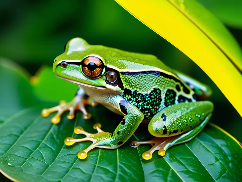 Una composición visual fotografía anfibios: Detalle asombroso de una rana arbórea verde sobre una hoja, con texturas ecológicas y gotas de lluvia