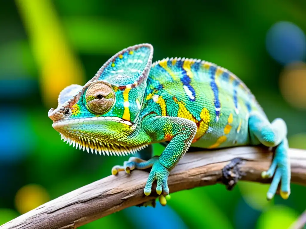 Un camaleón macho muestra su comunicación cromática en detalle, con vibrantes colores en su piel mientras se posa en una rama de árbol