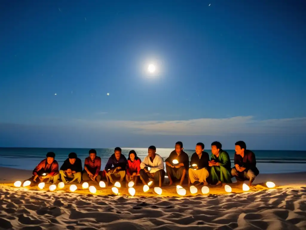 Comunidad costera recolectando con cuidado huevos de tortuga bajo el cielo iluminado por la luna