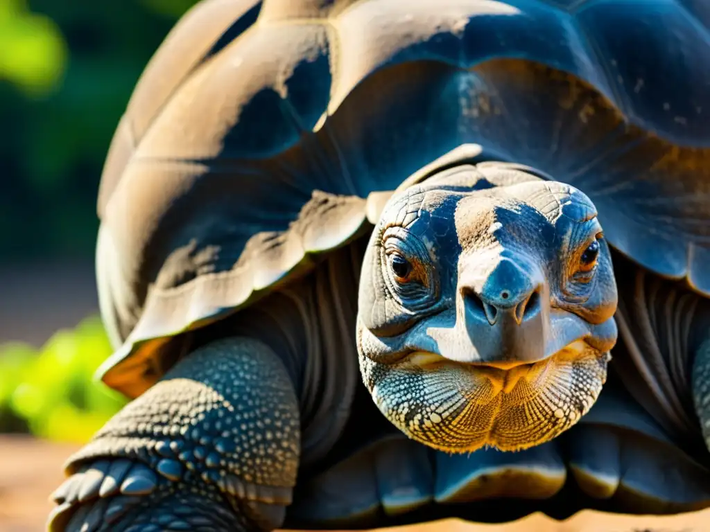 La concha detallada de una tortuga gigante de Galápagos muestra la belleza natural y la longevidad de este antiguo animal