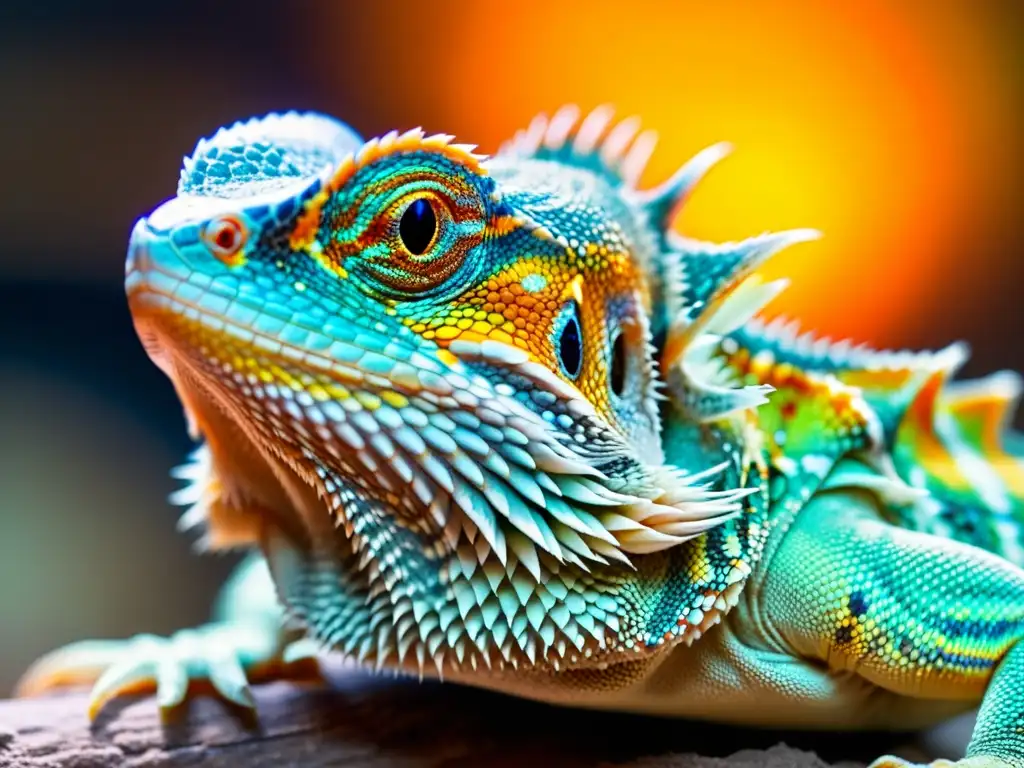 Consejos esenciales cuidado reptiles principiantes: Detalle de un dragón barbudo bajo una lámpara de calor, mostrando sus escamas y ojos con colores vibrantes