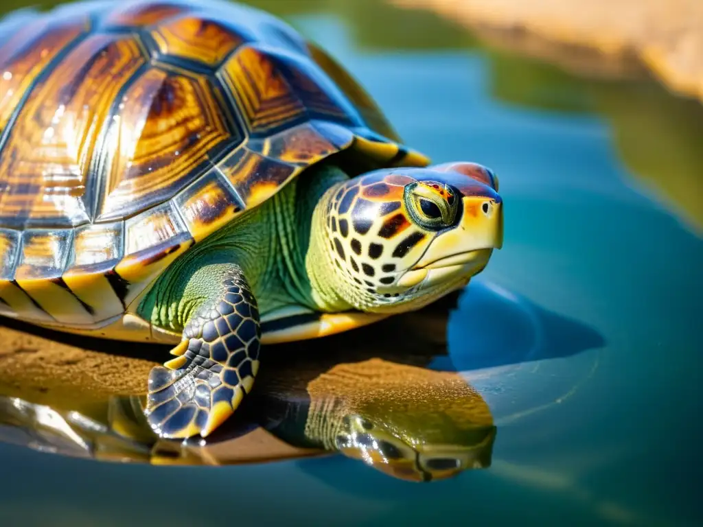 Consejos de higiene para tortugas: Detalle en 8k de caparazón de tortuga con patrones e gotas de agua brillantes, revelando su belleza natural