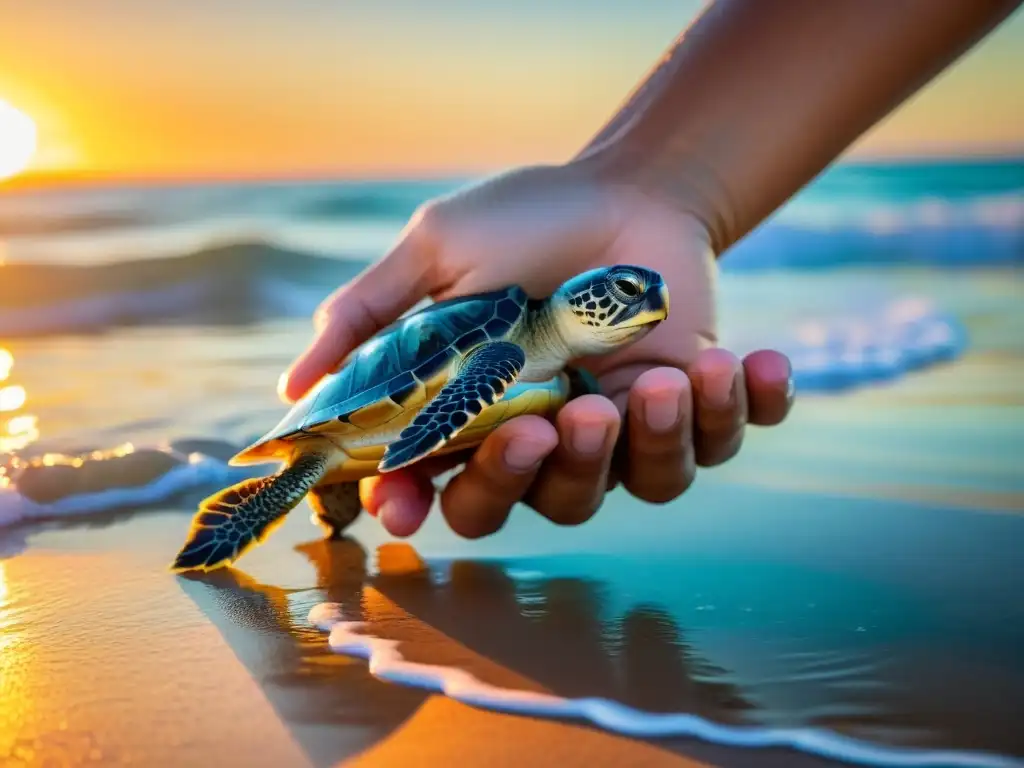 Un conservacionista libera con cuidado una cría de tortuga marina en peligro al océano al atardecer, transmitiendo esperanza en la conservación de reptiles en peligro