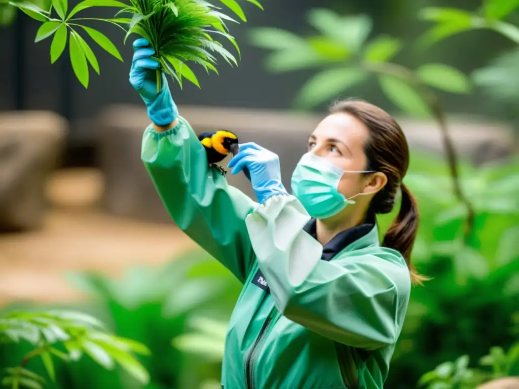 Un conservacionista libera con cuidado una especie en peligro de extinción en su hábitat natural, rodeado de exuberante vegetación