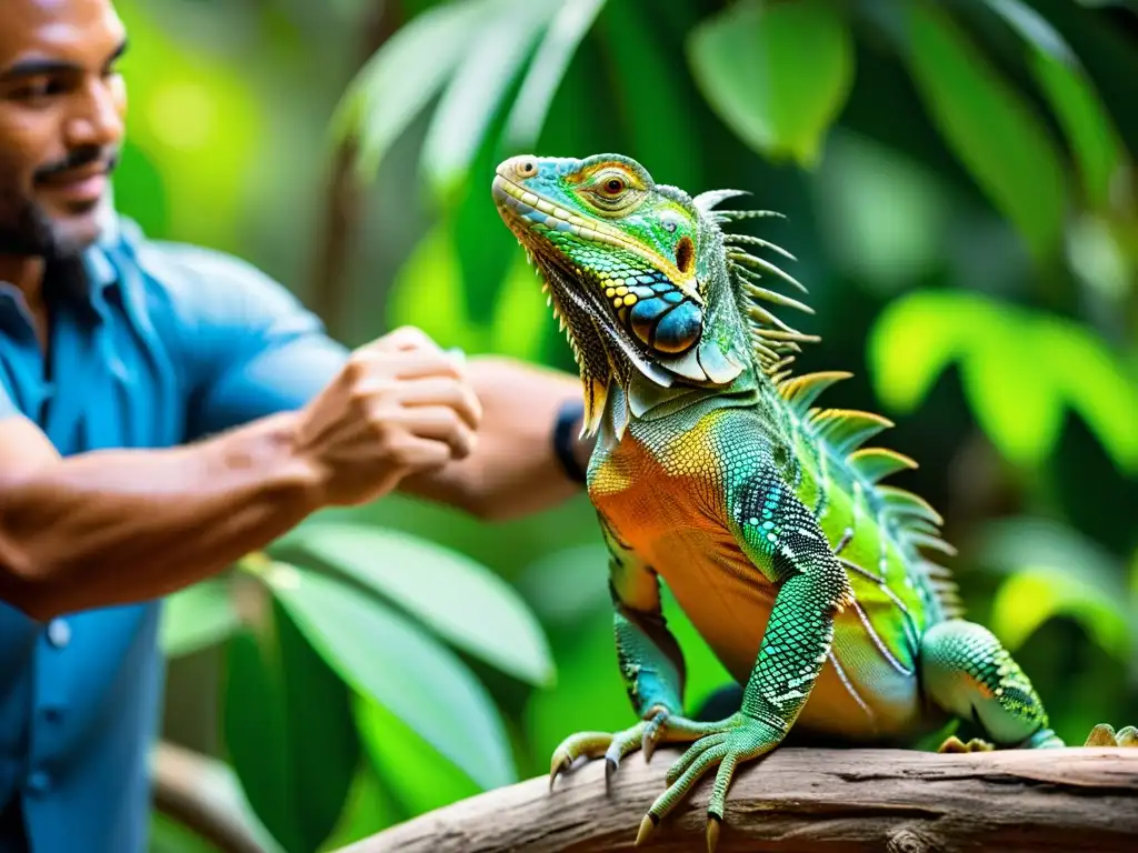 Rescate de iguana: liberación en la selva Un conservacionista libera con cuidado una impresionante iguana verde en su hábitat natural, transmitiendo respeto y protección legal para reptiles