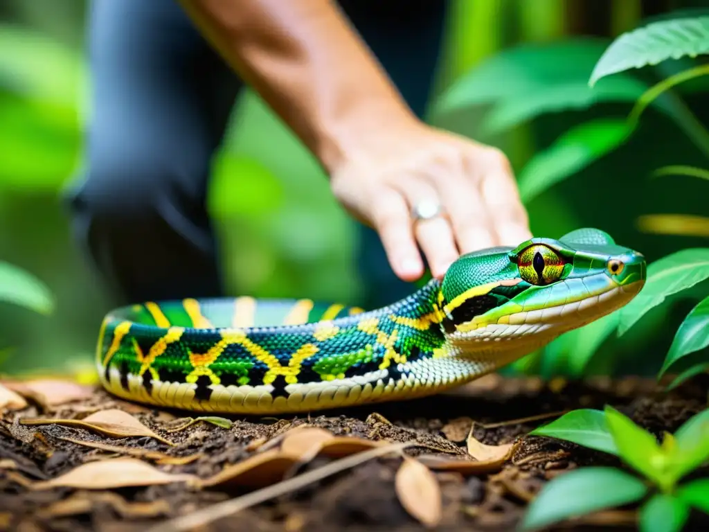 Un conservacionista libera con cuidado una serpiente rehabilitada en su hábitat natural, mostrando responsabilidad en la legislación y el bienestar de los reptiles