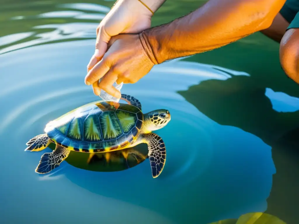 Conservacionista liberando con cuidado una tortuga en peligro en un río cristalino, enfatizando la urgencia de salvar reptiles en peligro conservación