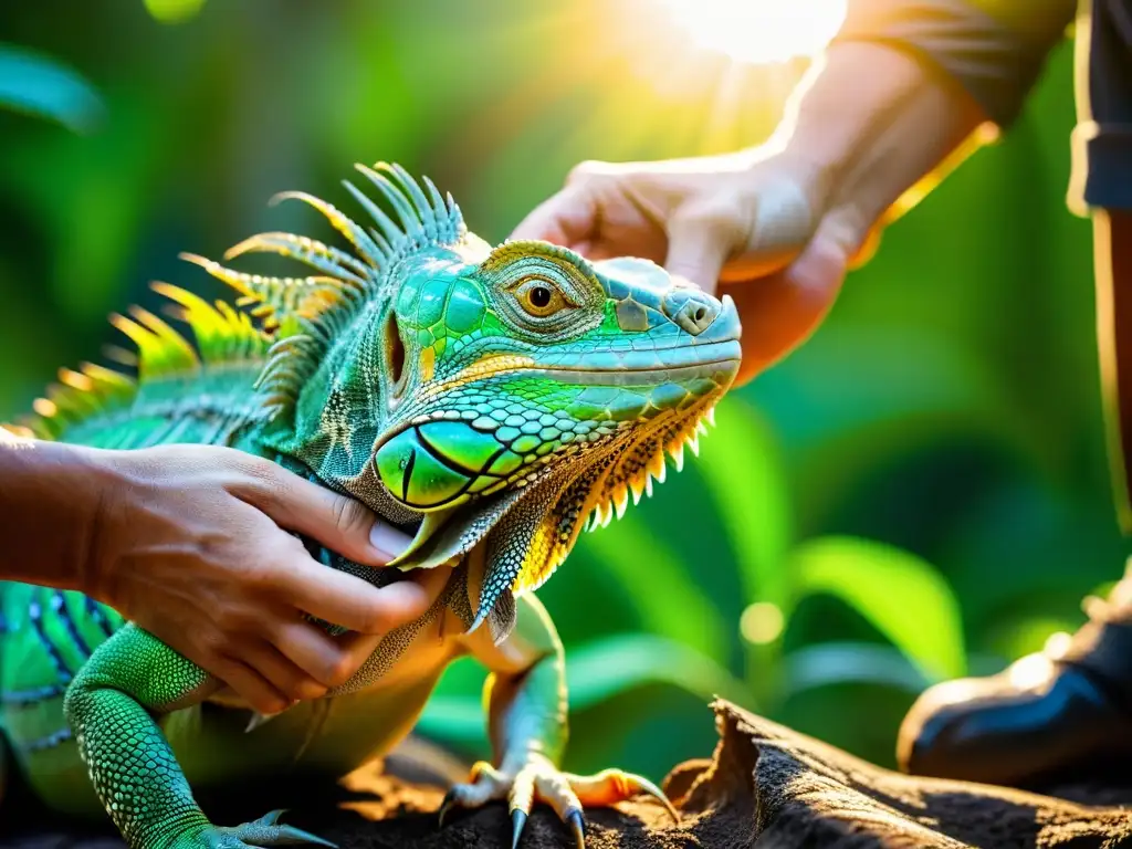 Conservacionista liberando iguana verde: retorno a la naturaleza Un conservacionista libera con cuidado a una vibrante iguana verde en su hábitat natural