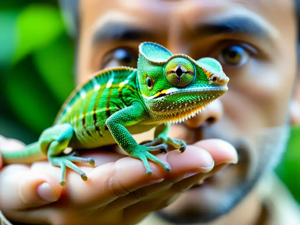 Conservacionista en zoo cuida con dedicación a un camaleón verde, mostrando preservación de especies de reptiles en zoos