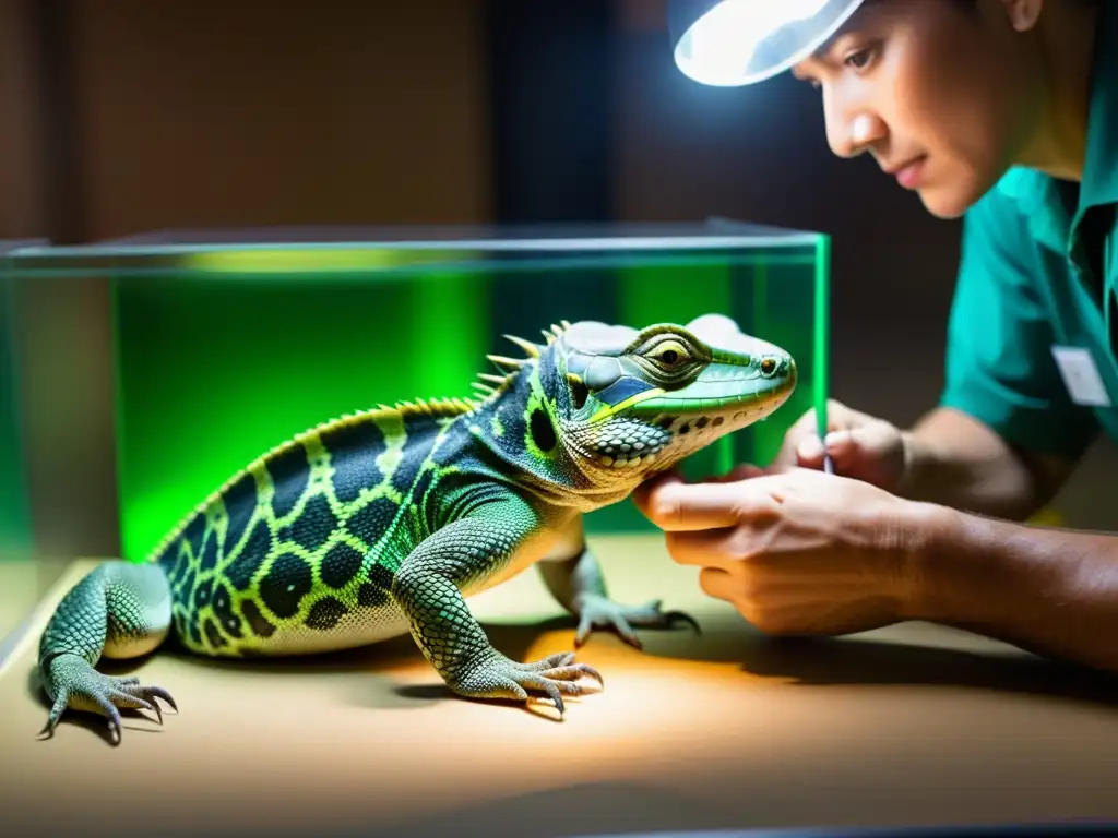 Conservacionista examina detenidamente las escamas de un reptil raro en un entorno controlado, destacando la preservación de especies de reptiles en zoos