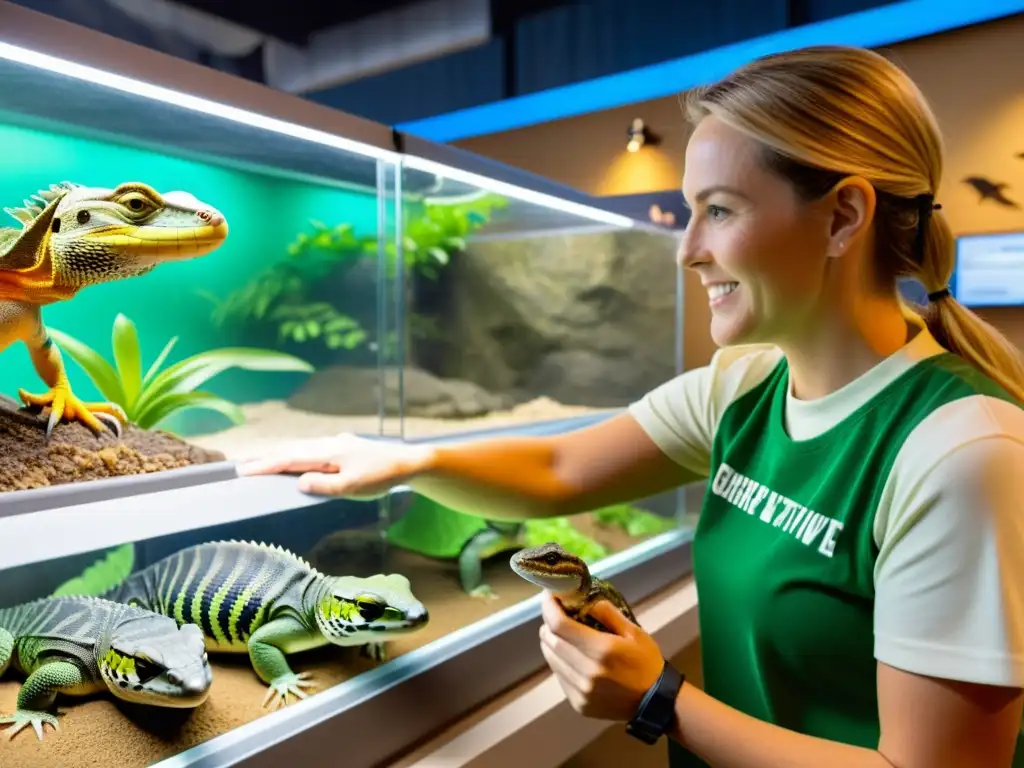 Un conservacionista interactúa con reptiles en cautiverio en un entorno educativo