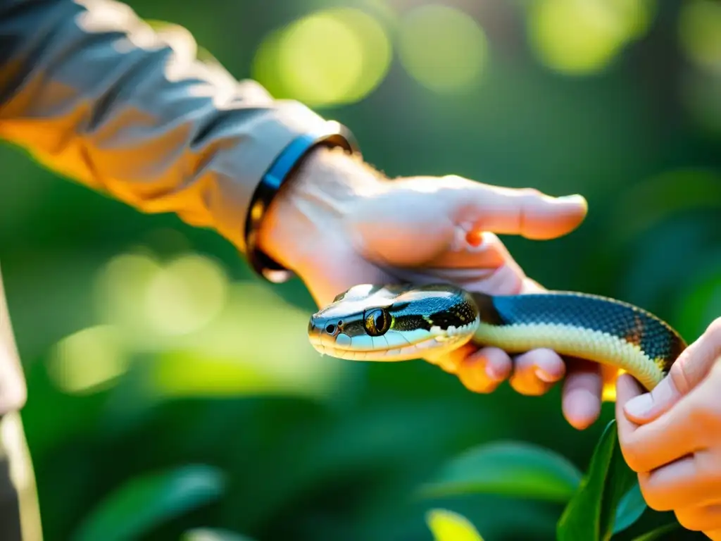 Un conservacionista libera una serpiente rehabilitada en su hábitat natural, simbolizando el cambio de paradigma en conservación de reptiles