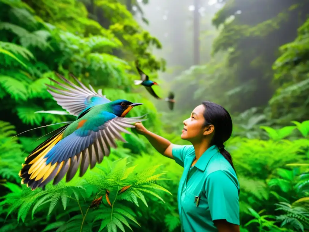 Conservacionistas liberando aves nativas en un exuberante bosque, destacando la prevención de propagación especies exóticas