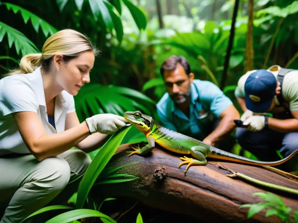 Conservacionistas midiendo especies invasoras en selva exuberante Conservacionistas midiendo reptiles y anfibios exóticos en un ecosistema tropical