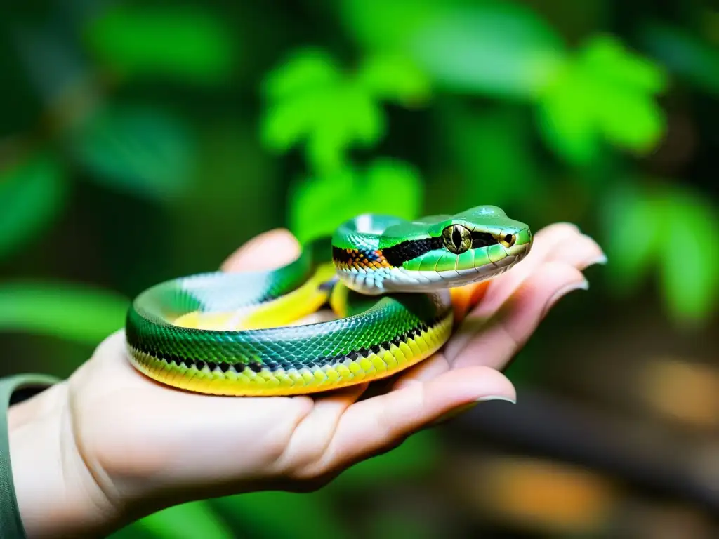 Conservacionistas liberando serpiente verde en su hábitat natural