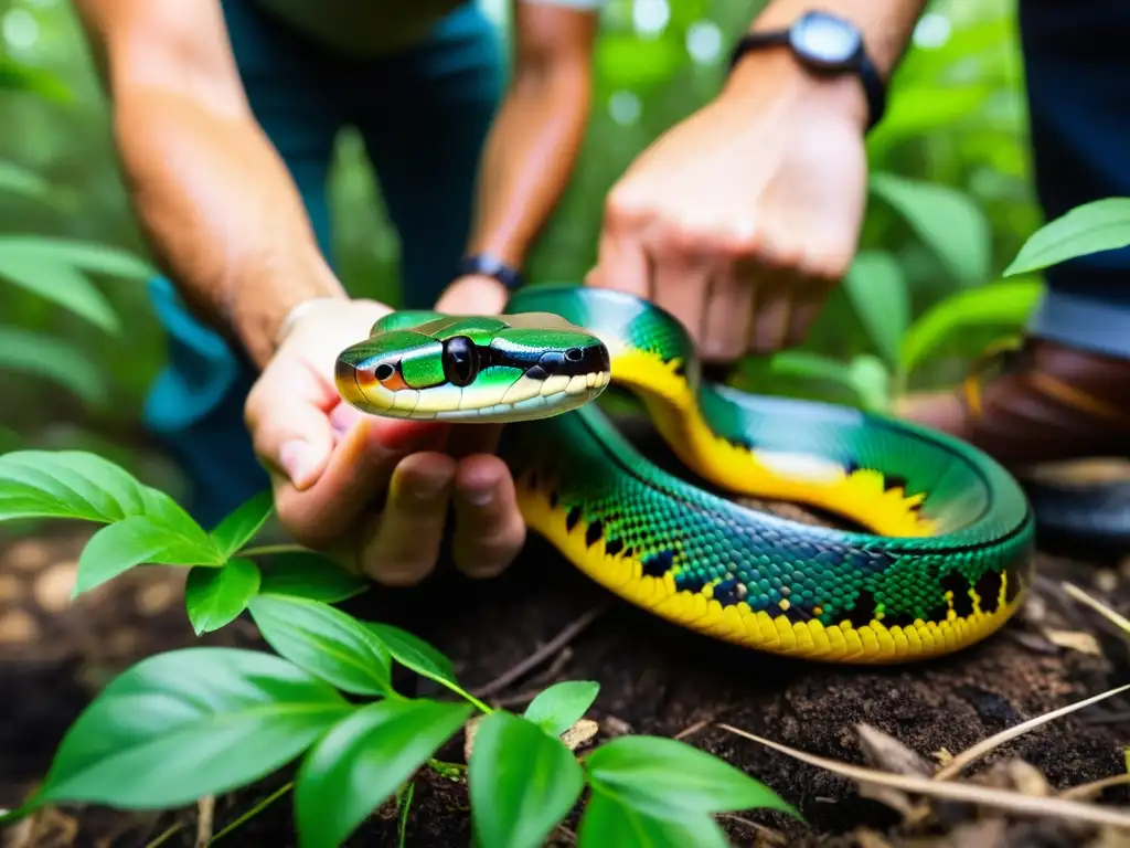 Conservacionistas liberando serpiente vibrante en su hábitat natural