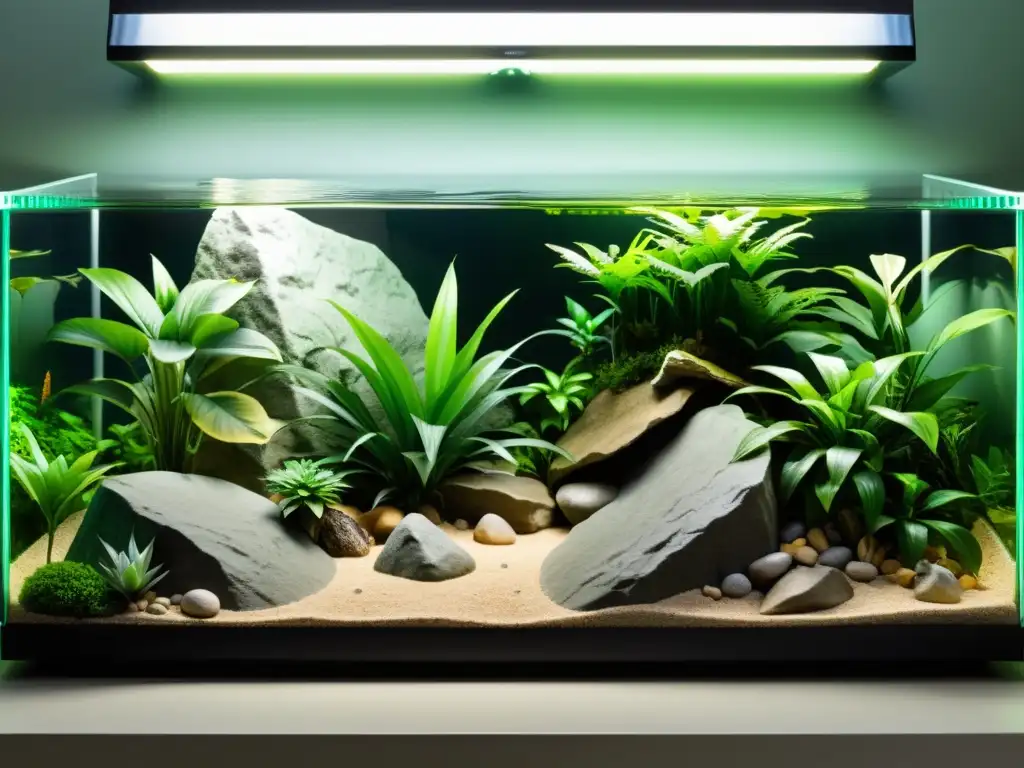 Construcción de hábitats artificiales para reptiles: Detallada imagen de un hábitat artificial para reptiles con plantas, formaciones rocosas y gradiente de temperatura, ofreciendo un entorno estimulante y cómodo para los reptiles