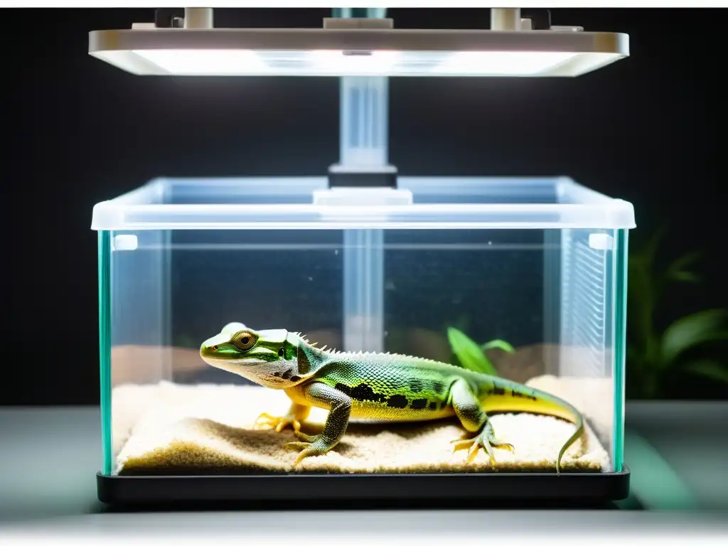 Un contenedor de transporte seguro para reptiles, con mecanismo de cierre seguro y diseño bien ventilado, rodeado de equipo de cuidado de reptiles