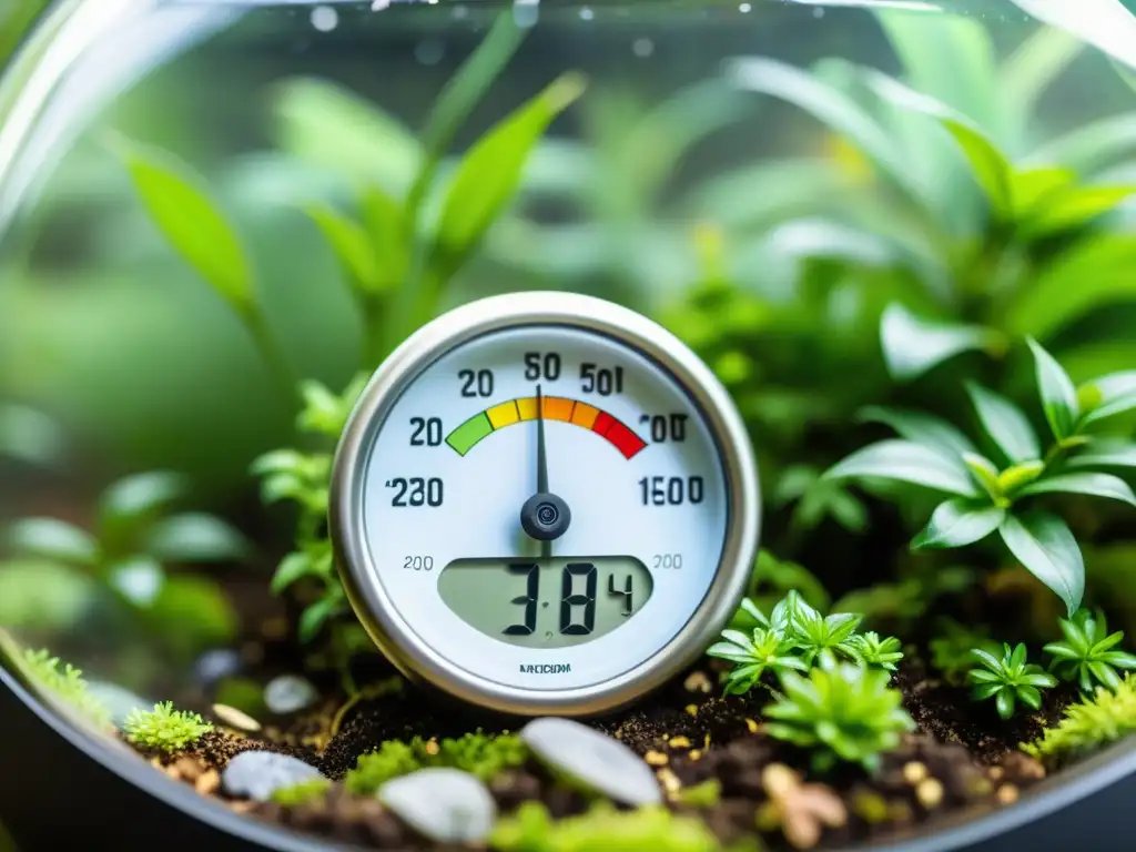 Control de clima para terrarios: detallada imagen de medidor de temperatura y humedad en un terrario, con exuberante vegetación de fondo