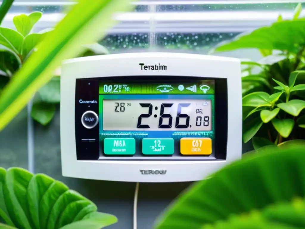 Control de clima para terrarios: detalle del termostato digital mostrando temperatura y humedad, rodeado de exuberante vegetación