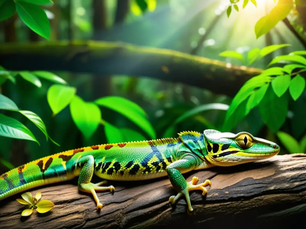 Convivencia entre reptiles en selva: Una escena inmersiva de reptiles en la exuberante selva, con detalles de escamas y colores vibrantes