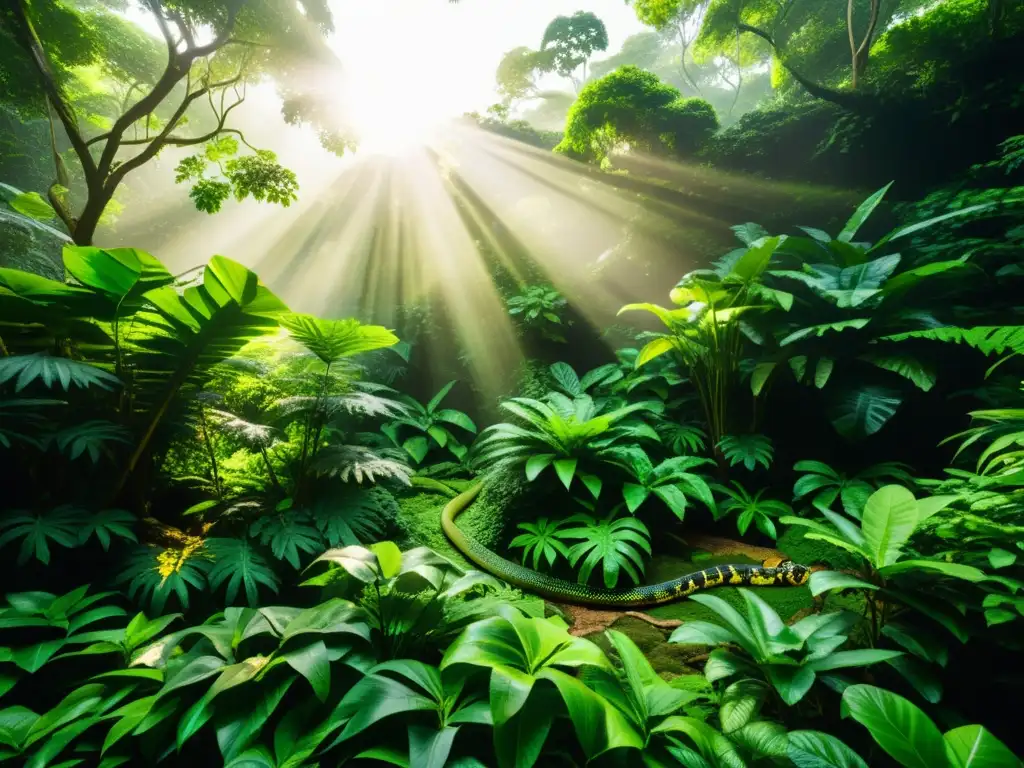 Convivencia entre reptiles en selva: Una escena vibrante de reptiles en su hábitat natural, entre la exuberante vegetación y la luz filtrada del sol