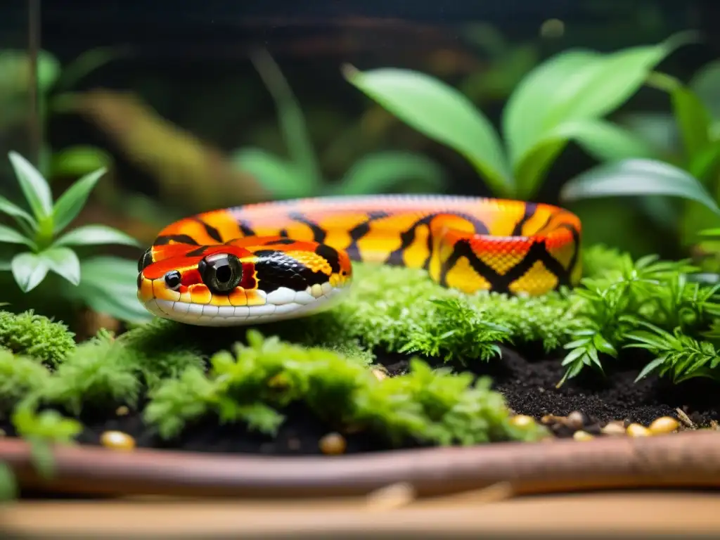 Convivencia entre reptiles en terrario: Serpiente de maíz en terrario exuberante, escamas brillantes bajo la luz UVB