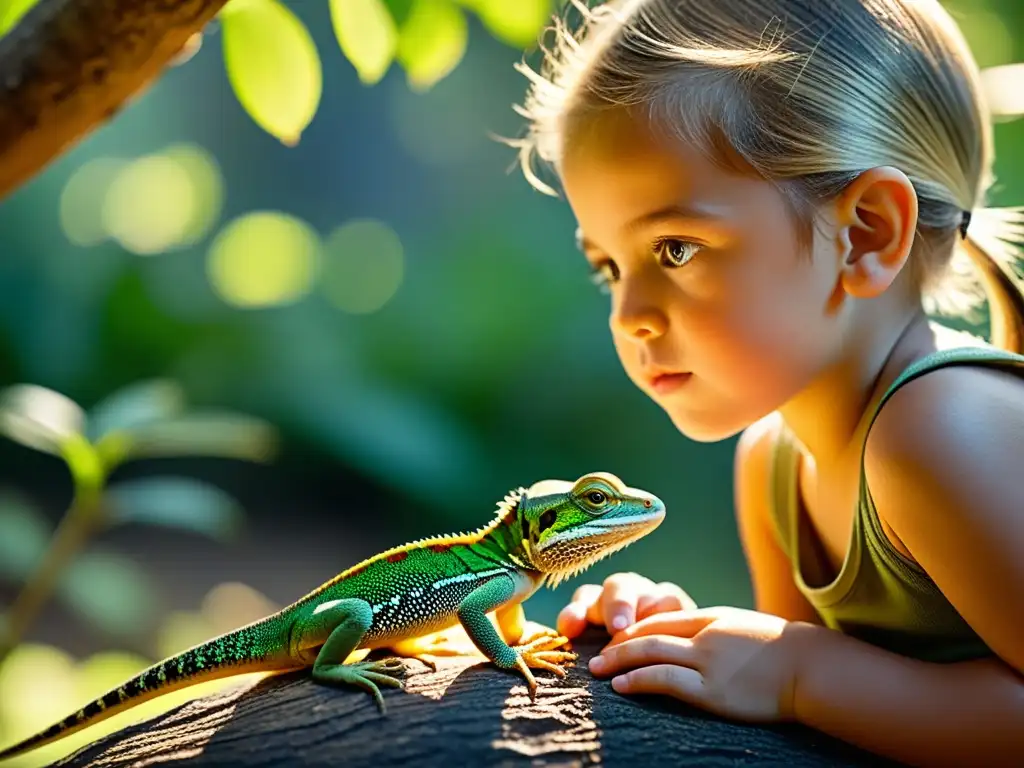 Una convivencia segura entre lagartos y niños en un entorno natural, capturando armonía y curiosidad