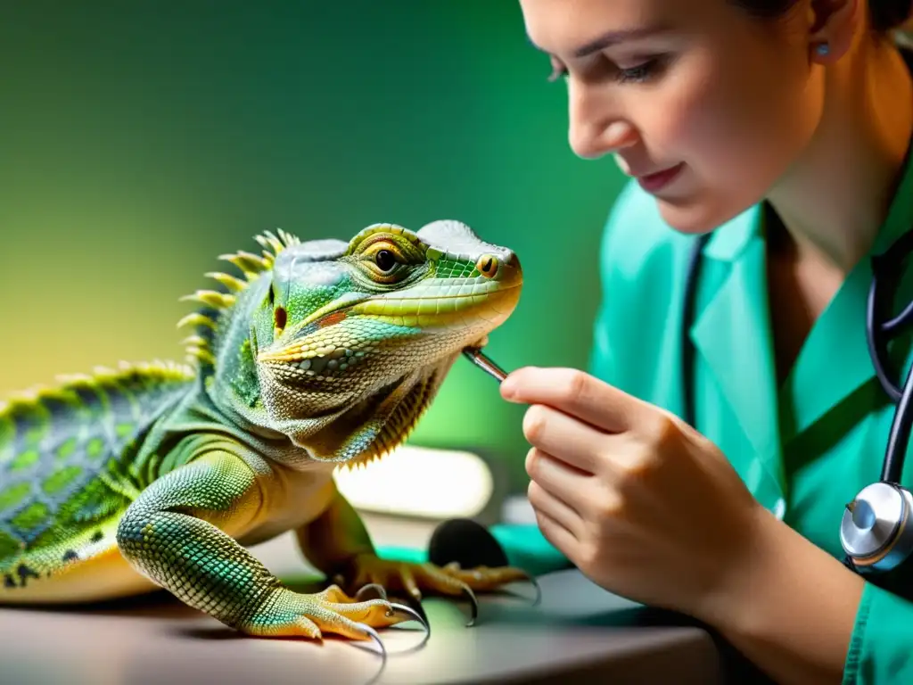 Veterinario examina con precisión el corazón de un reptil en la mesa de examen, destacando cuidados reptiles enfermedades cardíacas