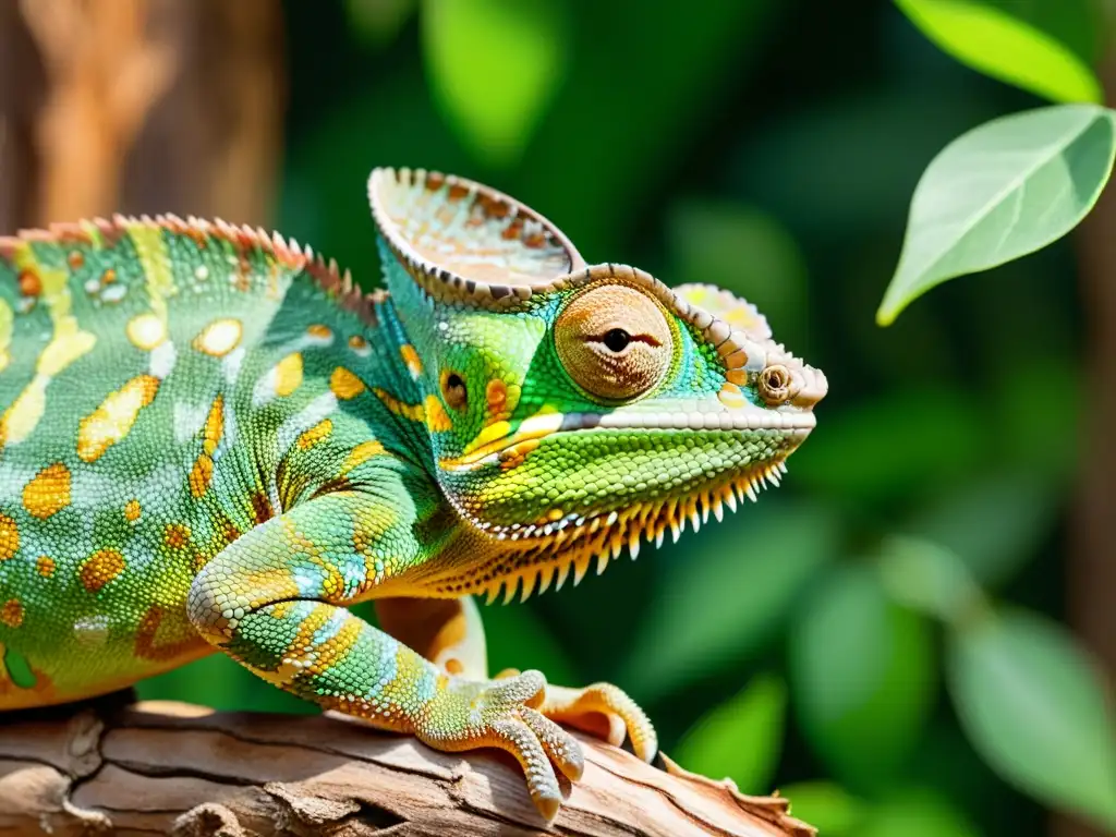 Un camaleón mimetizándose perfectamente con la corteza de un árbol, mostrando la asombrosa genética y evolución de cripsis en reptiles