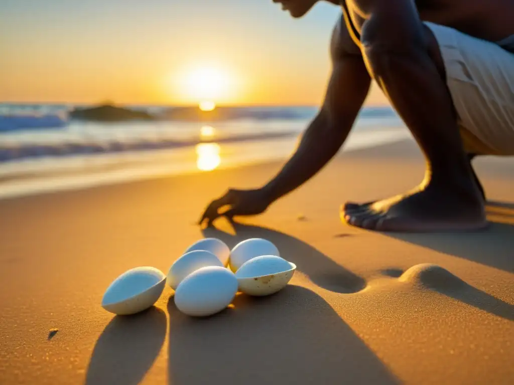 Cosecha de huevos de tortuga al amanecer en la playa, con una atmósfera serena y conmovedora