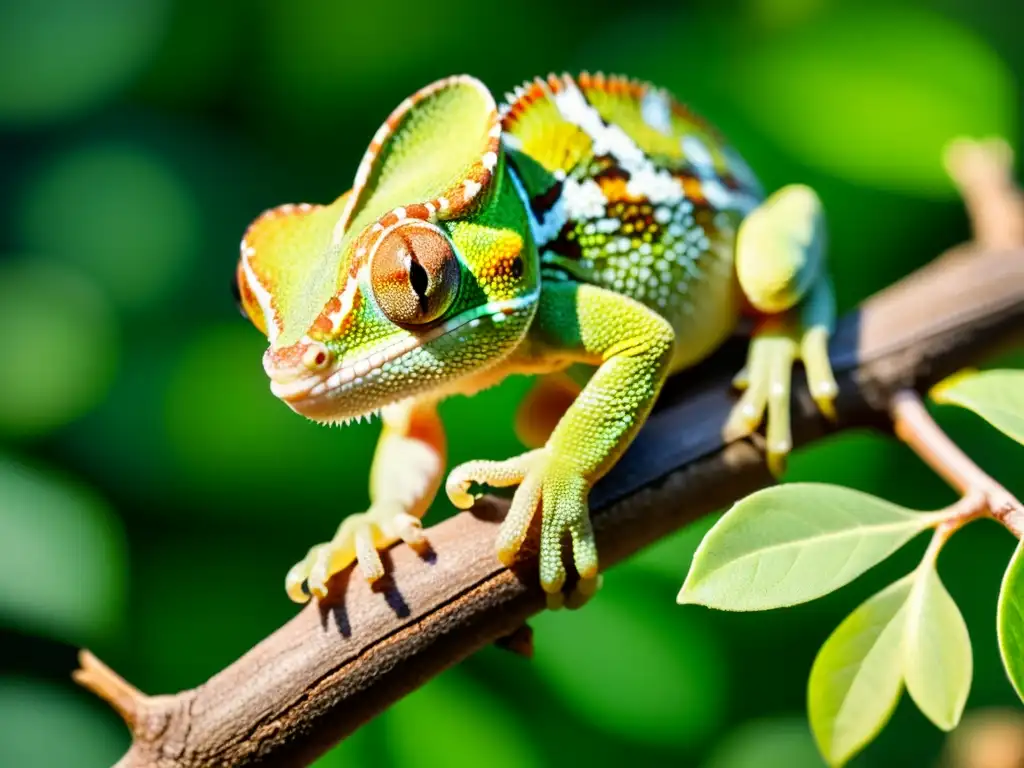 Cría de camaleón camuflada en rama, mostrando instinto de supervivencia crías reptiles