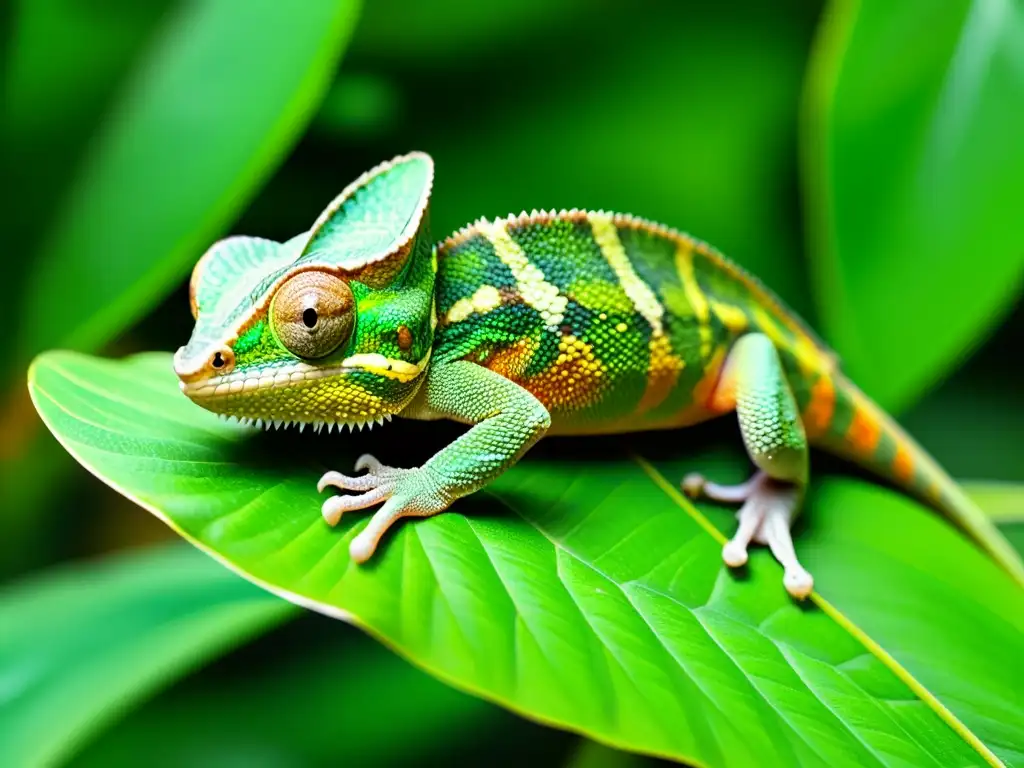 Cría de camaleón se mimetiza con hojas tropicales, destacando sus instintos de supervivencia en la naturaleza