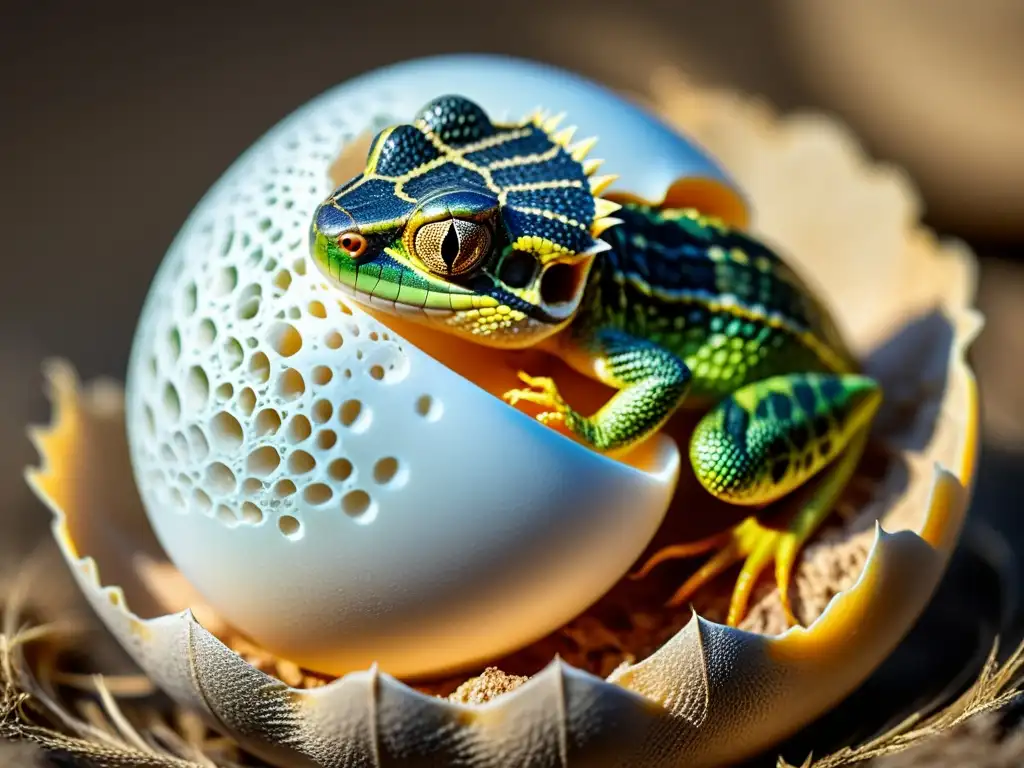 Cría de reptil emergiendo de su huevo, mostrando su delicada textura y patrones en la piel