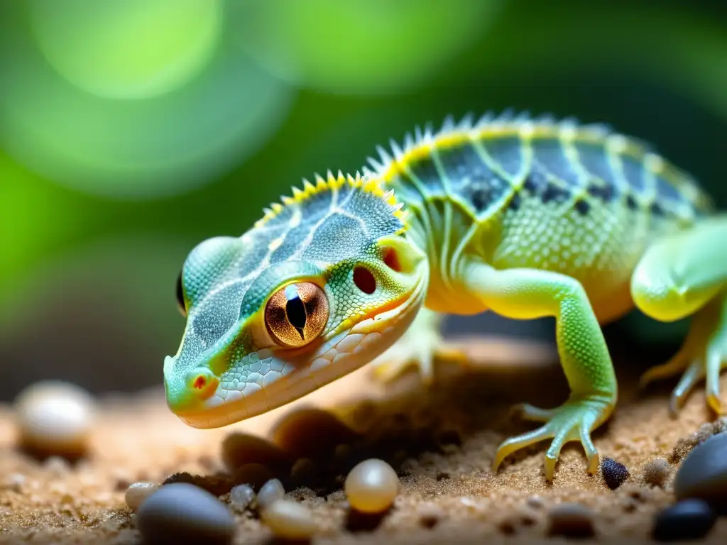 Una cría de reptil recién nacida se alimenta delicadamente por primera vez, destacando la nutrición para crías de reptiles