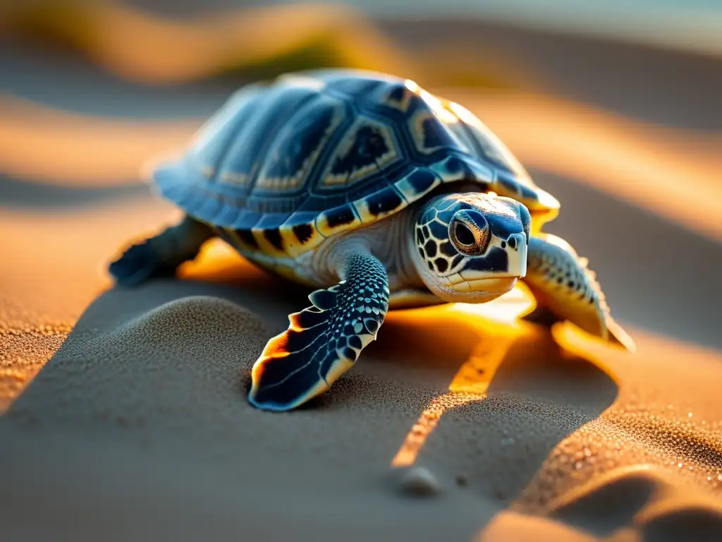 Cría de tortuga boba en playa al atardecer, mostrando la vulnerabilidad y el impacto del cambio climático en su hábitat natural