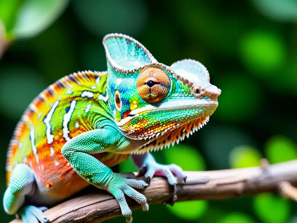 Una cría de camaleón multicolor en primer plano, con sus escamas y texturas detalladas