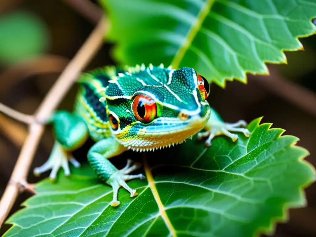 Cría de reptil camuflada entre hojas y ramas, muestra su instinto de supervivencia